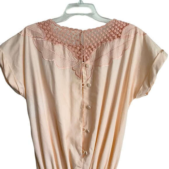 Vintage 70s 80s Midi Dress Lace Cutout Peach Pink M - Picture 5 of 5